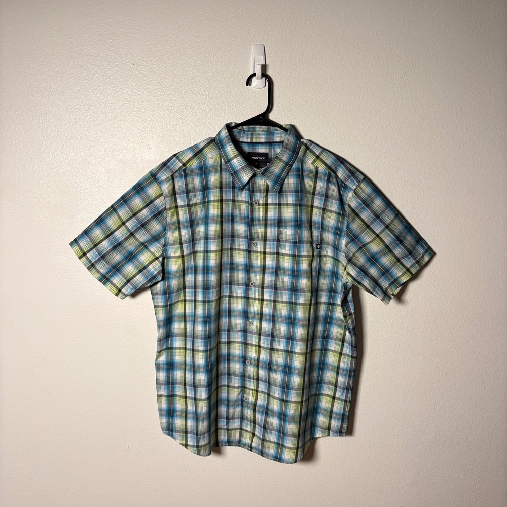 Marmot Mens XL Short Sleeve Plaid Button Down Hiking Shirt Blue Green SCC-363